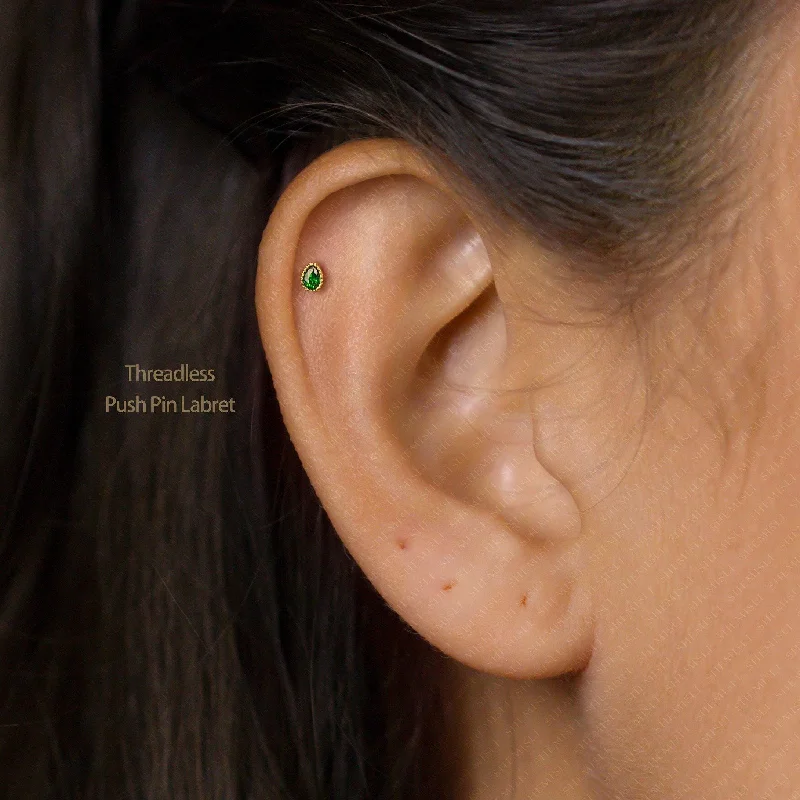 Women’s luxury stud earrings-Tiny Teardrop Emerald Threadless Flat Back Earrings, 20,18,16ga, 5-10mm Unisex, Surgical Steel SHEMISLI SS595