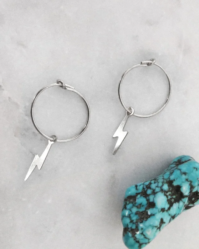 Women’s minimalist earrings-Lightning Bolt Hoop Earrings  - Sterling Silver