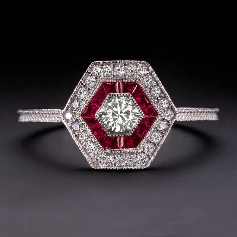 Women’s halo diamond engagement ring-DIAMOND RUBY RING ART DECO VINTAGE STYLE HEXAGON DOUBLE HALO 14k WHITE GOLD RED