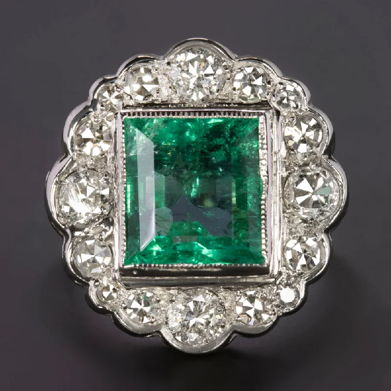 Women’s emerald-cut diamond engagement ring-5.40ct VINTAGE COLOMBIAN EMERALD DIAMOND COCKTAIL RING GIA CERTIFIED WHITE GOLD