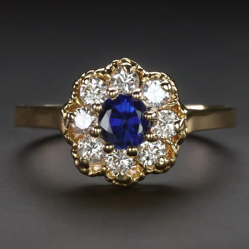 Women’s double halo engagement ring-SAPPHIRE DIAMOND HALO RING 14k YELLOW GOLD NATURAL ROUND CUT COCKTAIL BLUE .78ct