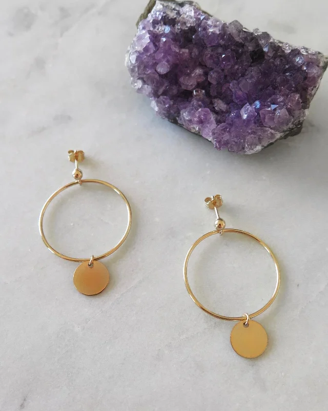 Women’s engraved earrings-Large Circle Coin Earrings  - 14k Yellow Gold Fill