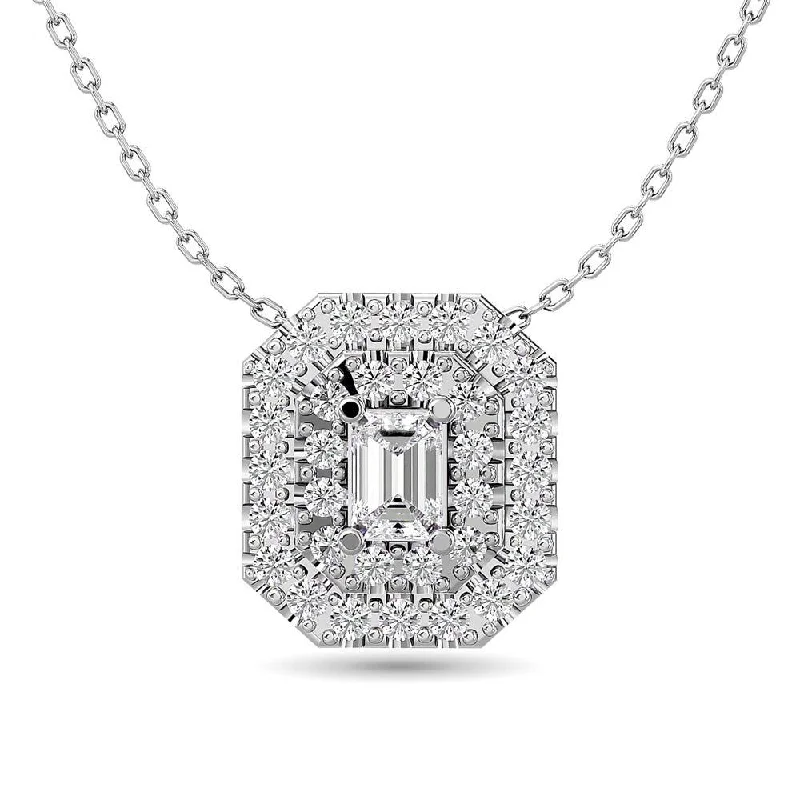 Women’s gemstone pendant necklace-Diamond Emerald Cut Double Halo Pendant 3/8 ct tw in 14K White Gold