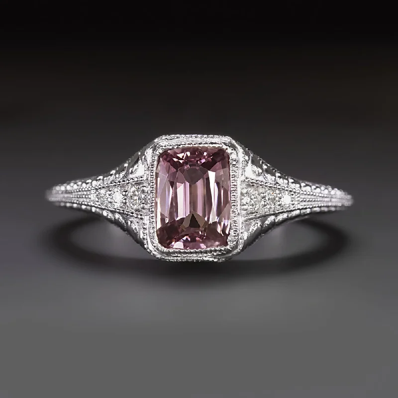 Women’s split shank engagement ring-VINTAGE STYLE PINK SPINEL DIAMOND COCKTAIL RING 14k WHITE GOLD BEZEL ENGRAVED