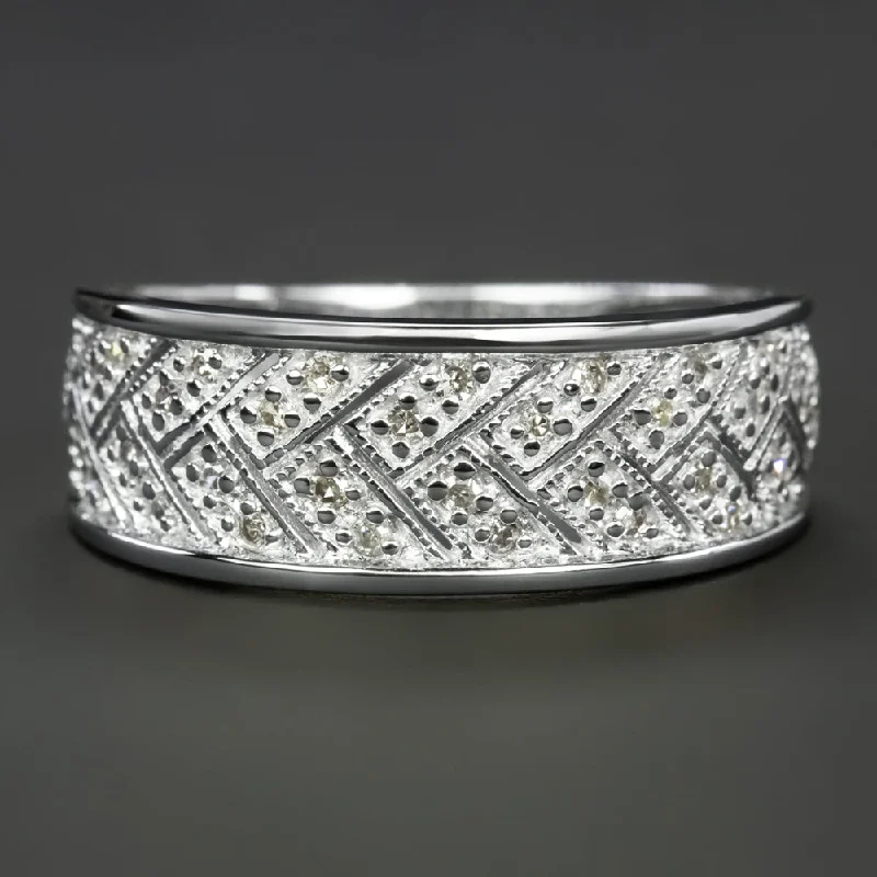 Women’s high-end engagement ring-VINTAGE DIAMOND WIDE BAND RING HERRINGBONE MILGRAIN WHITE GOLD ESTATE NATURAL