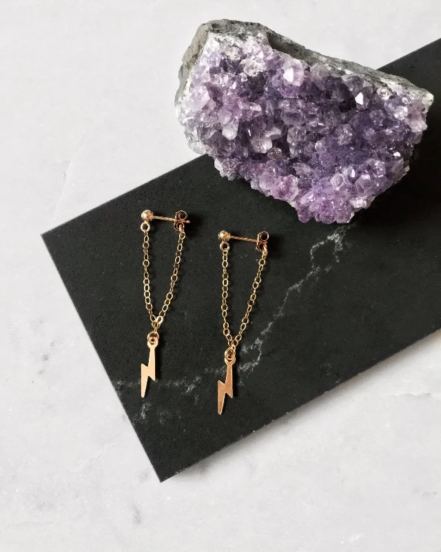 Women’s gold stud earrings-Lightning Bolt Long Chain Stud Earrings - 14k Yellow Gold Fill