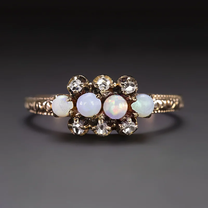 Women’s halo engagement ring-ART NOUVEAU OPAL DIAMOND COCKTAIL RING 14k YELLOW GOLD ANTIQUE CLUSTER ROSE CUT