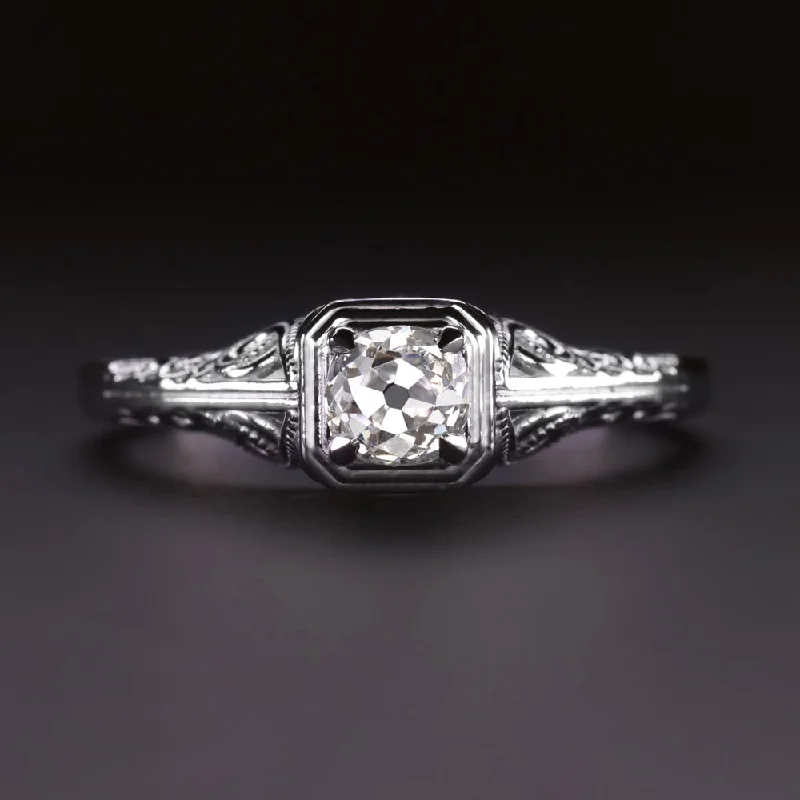 Women’s wide band engagement ring-OLD MINE CUT DIAMOND SOLITAIRE RING VINTAGE STYLE FILIGREE 14k WHITE GOLD 1/2ct