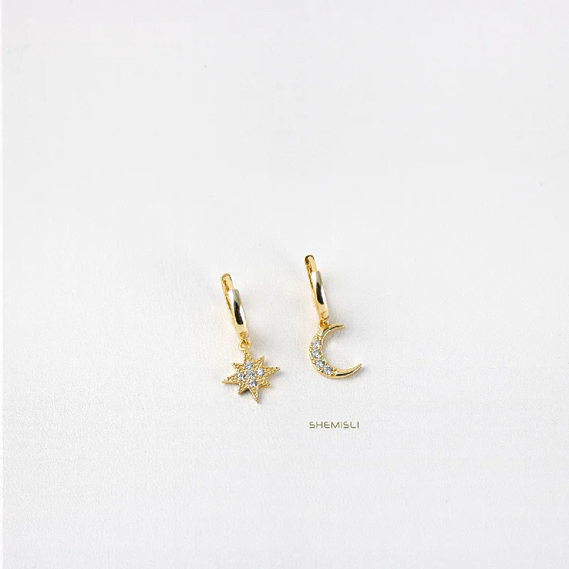 Women’s delicate earrings-Mismatched Star Moon CZ Drop Hoop Earrings, Huggies, Gold, Silver SHEMISLI SH111