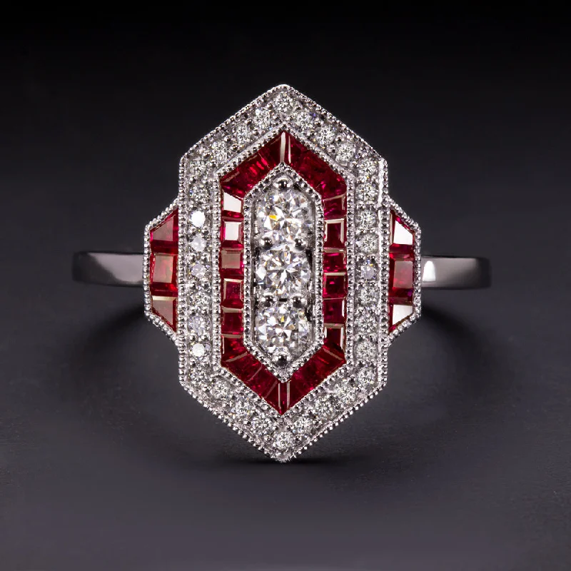 Women’s two-tone diamond engagement ring-NATURAL DIAMOND RUBY VINTAGE STYLE RING ART DECO GEOMETRIC COCKTAIL 14K CALIBRE