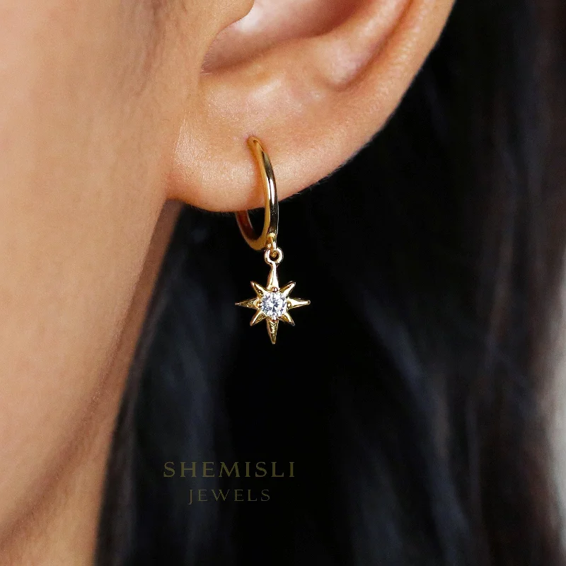 Women’s vintage gold earrings-Star Hoop Earrings, CZ Drop Huggies, Unisex, Gold, Silver SHEMISLI SH112