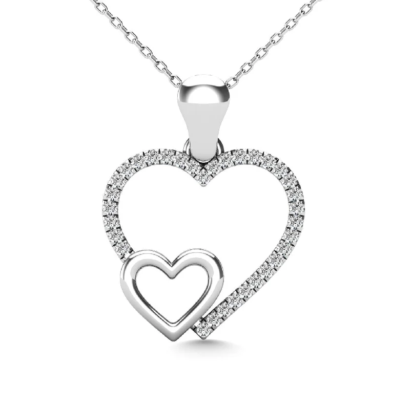 Women’s layered chain necklace-10K White Gold 1/20 Ctw Diamond Double Heart Pendant