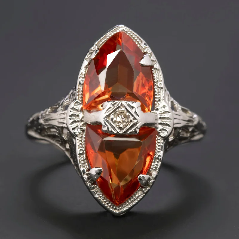 Women’s vintage engagement ring-VINTAGE DIAMOND ORANGE COCKTAIL GEMSTONE RING 14k WHITE GOLD FILIGREE SHIELD