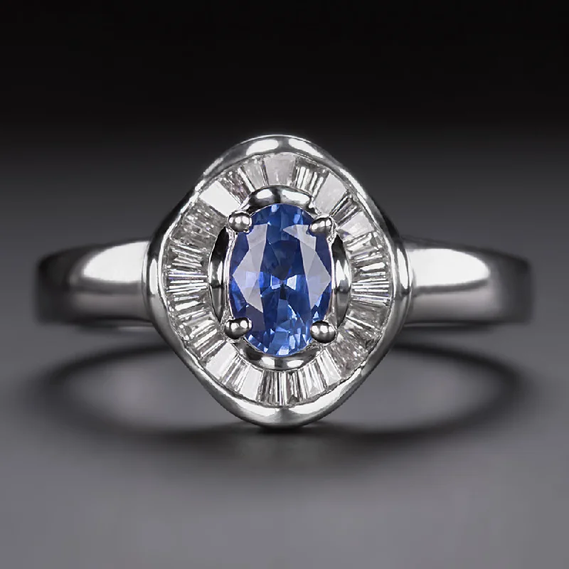 Women’s yellow gold engagement ring-SAPPHIRE DIAMOND COCKTAIL RING OVAL SHAPE BAGUETTE HALO NATURAL CORNFLOWER BLUE