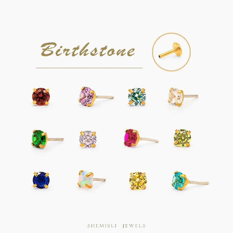 Women’s fashion statement earrings-Tiny Birthstone Threadless Flat Back Earrings, 2.5mm Stone, Post 18ga, 6,8mm Unisex, Surgical Steel SHEMISLI SS599...