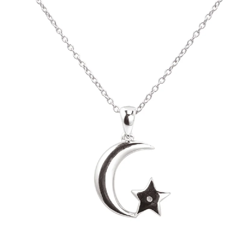 Women’s layered necklace-Sterling Silver 1 Diamond Moon and Star Pendant on 45cm Silver Chain