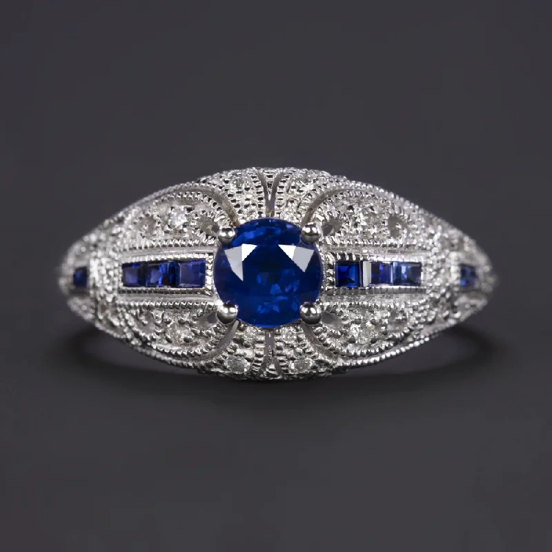 Women’s stylish engagement ring-VINTAGE STYLE SAPPHIRE DIAMOND COCKTAIL RING 14k WHITE GOLD ART DECO DOME BLUE