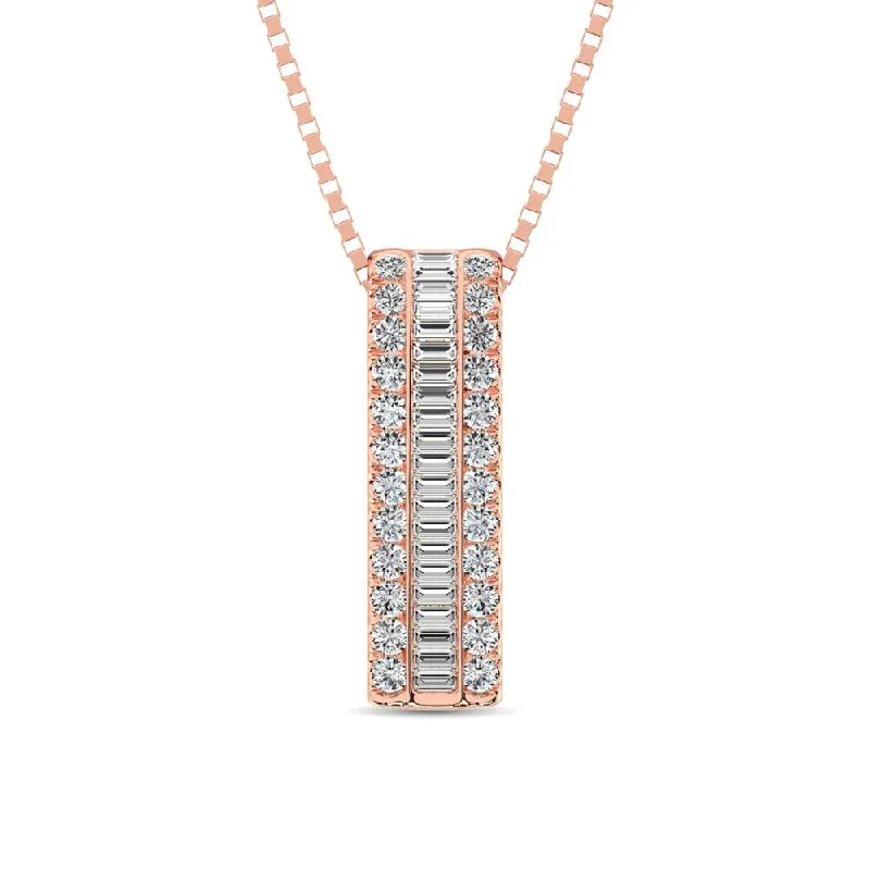 Women’s emerald necklace-14K Rose Gold Round and Baguette Diamond 1/3 Ct.Tw. Drop Bar Pendant