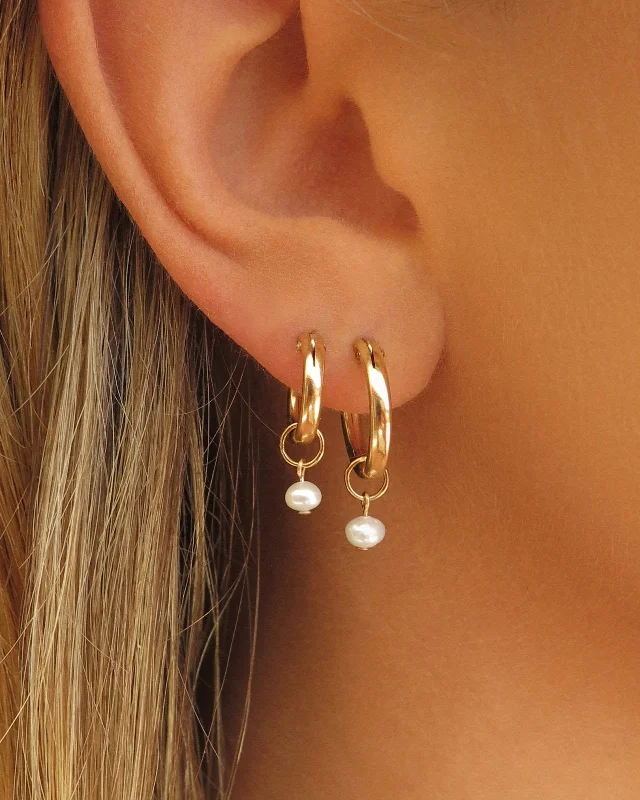 Women’s unique gemstone earrings-Freshwater Pearl Thick Hoop Earrings - 14k Yellow Gold Fill