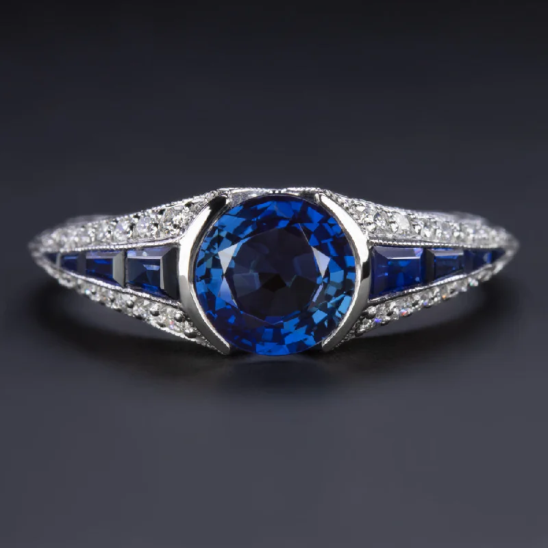 Women’s rose gold and diamond engagement ring-1.25ct SAPPHIRE DIAMOND VINTAGE STYLE COCKTAIL RING ART DECO 14k WHITE GOLD BLUE