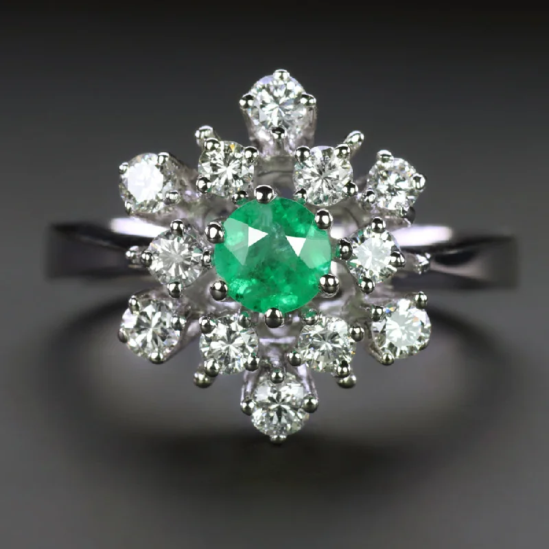 Women’s blue diamond engagement ring-VINTAGE EMERALD DIAMOND COCKTAIL RING 18k WHITE GOLD CLUSTER MID CENTURY ESTATE