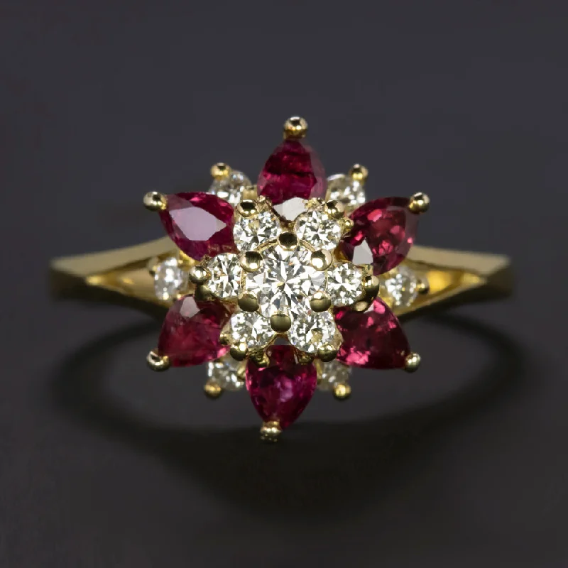 Women’s modern engagement ring-1.56ct RUBY DIAMOND COCKTAIL RING 18K YELLOW GOLD BALLERINA CLUSTER NATURAL