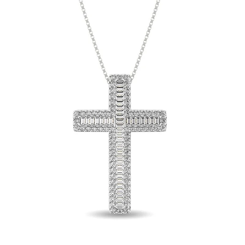 Women’s diamond necklace-Diamond 1 Ct.Tw. Round and Baguette Cross Pendant in 14K White Gold