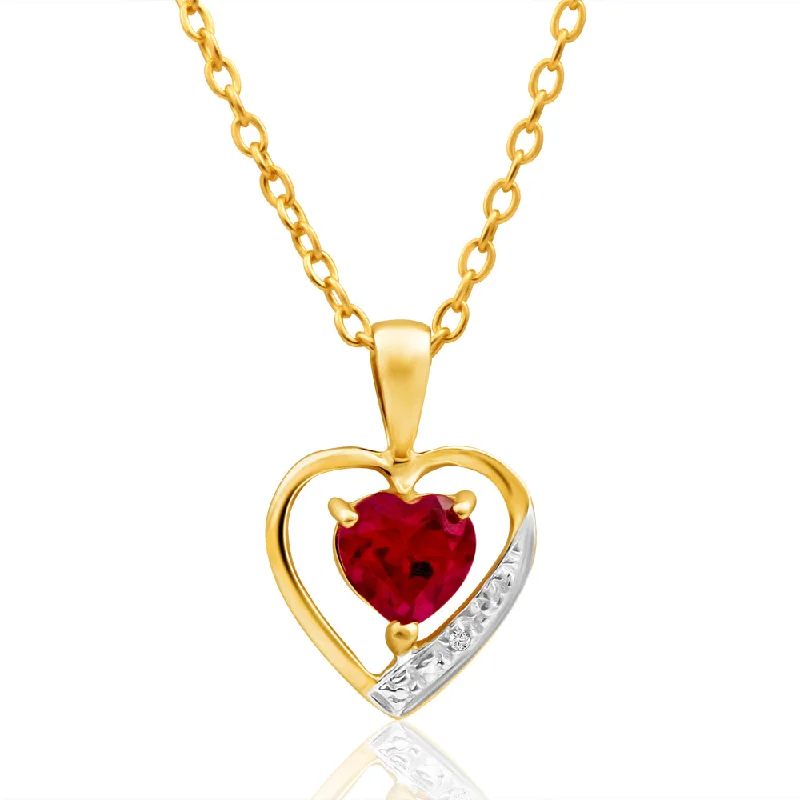 Women’s long necklace-9ct Alluring Yellow Gold Created Ruby + Diamond Pendant