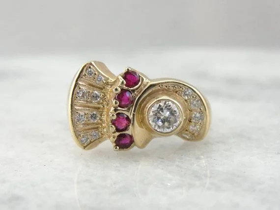 Women’s pink sapphire engagement ring-Ruby and Diamond Cocktail Ring from the Retro Era in Fine Gold