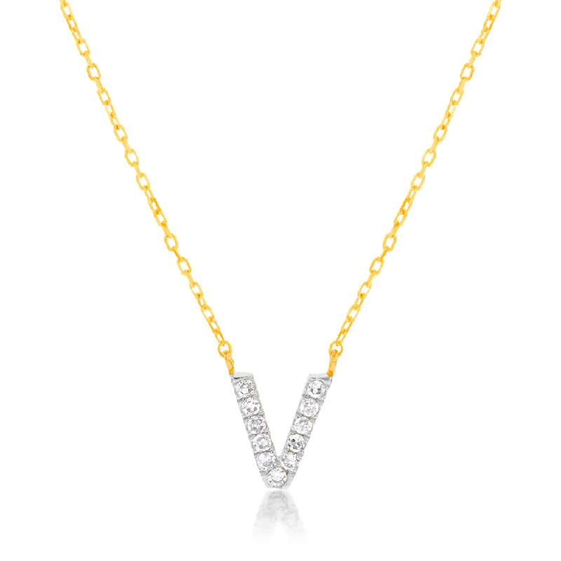 Women’s moonstone necklace-Luminesce Lab Diamond V Initial Pendant in 9ct Yellow Gold with Adjustable 45cm Chain