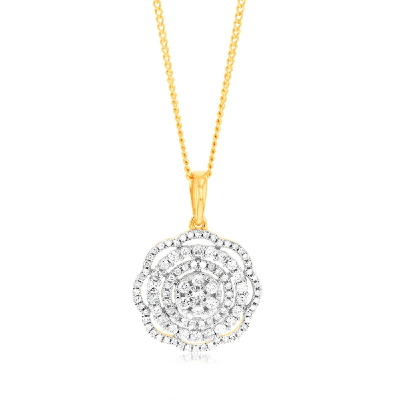 Women’s long necklace-1/2 Carat Diamond Flower Pendant in 9ct Yellow Gold