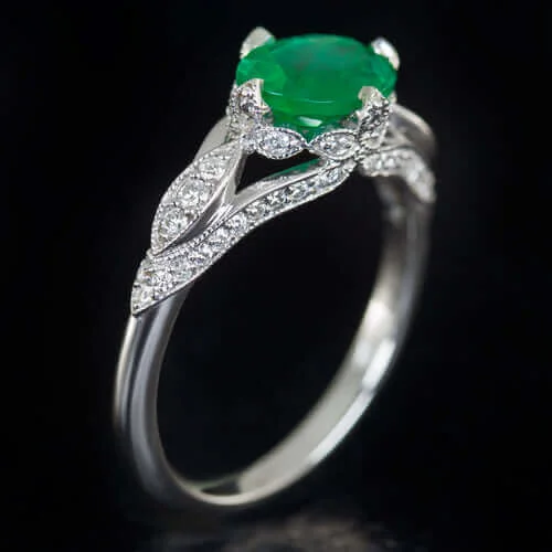 Women’s oval engagement ring-1ct NATURAL EMERALD OVAL DIAMOND VINTAGE STYLE COCKTAIL RING ART DECO WHITE GOLD