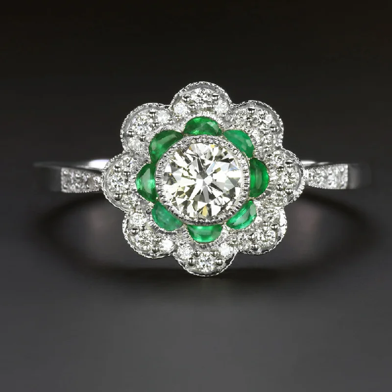 Women’s floral diamond engagement ring-DIAMOND EMERALD ART DECO STYLE COCKTAIL RING FLOWER DOUBLE HALO 14k WHITE GOLD