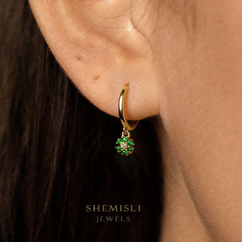 Women’s silver dangling earrings-Tiny Emerald Flower CZ Drop Hoop Earrings, Flower Dangle Huggies, Gold, Silver SHEMISLI SH533