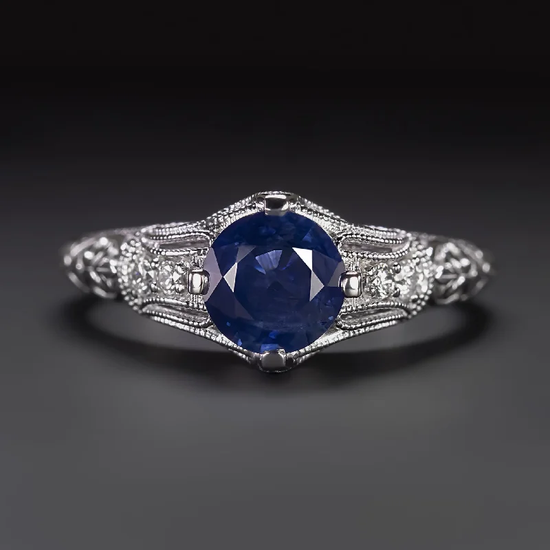 Women’s elegant engagement ring-1.17ct VINTAGE STYLE SAPPHIRE DIAMOND COCKTAIL RING 14k WHITE GOLD NATURAL ROUND