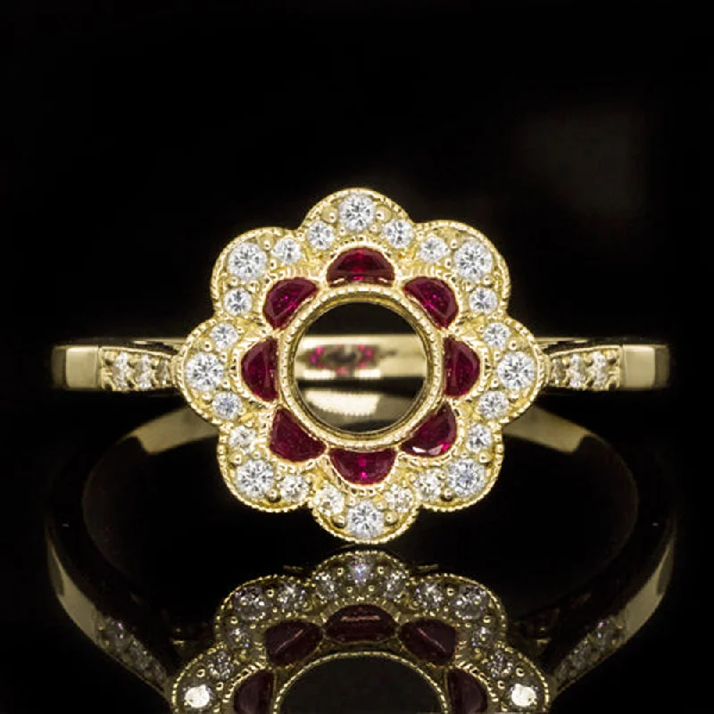 Women’s eternity engagement ring-DIAMOND RUBY FLOWER HALO RING SETTING 4.5mm SEMI MOUNT VINTAGE STYLE YELLOW GOLD