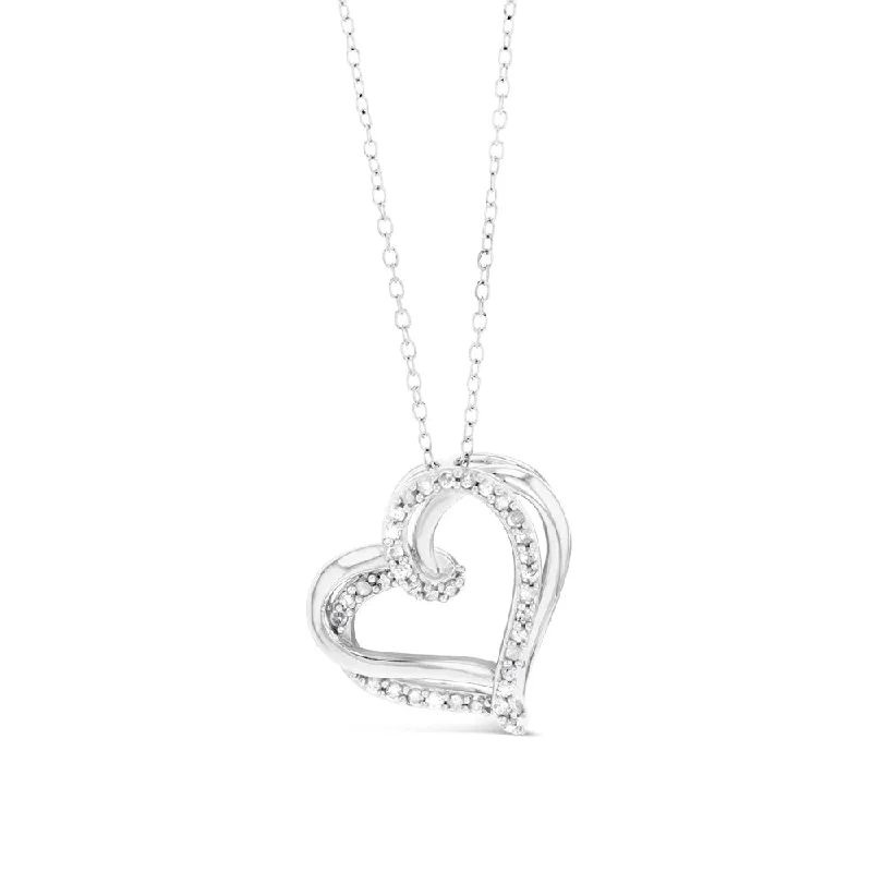 Women’s classic necklace-Sterling Silver Double Heart Diamond Pendant with 35 Round Brilliant Cut Diamonds on 46cm Chain