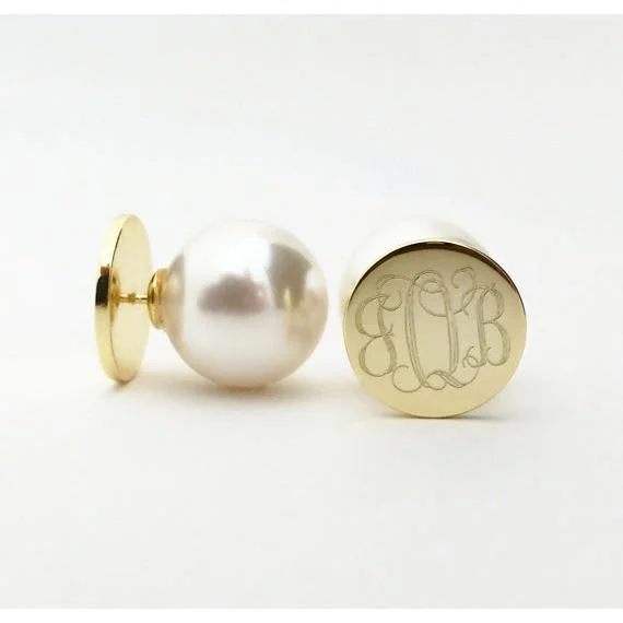 Women’s gold earrings-Gold Pearl Back Monogram Earrings