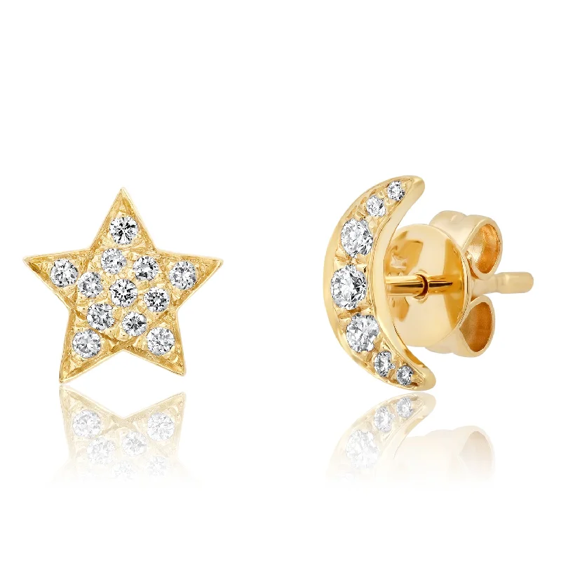 Women’s cubic zirconia earrings-Moon & Star Studs