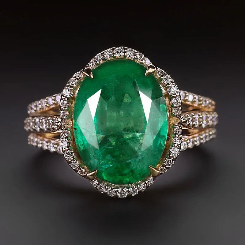 Women’s halo setting engagement ring-4.80ct NATURAL EMERALD DIAMOND COCKTAIL RING 14k YELLOW GOLD BIG FLORAL HALO