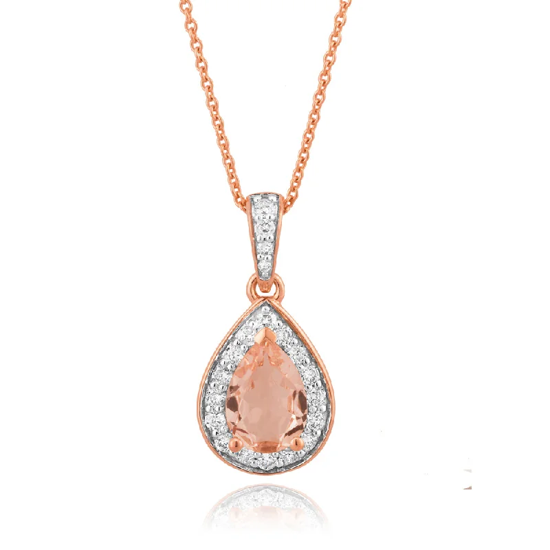 Women’s trendy necklace-9ct Rose Gold Morganite Pear and 0.15 Carat Diamond Pendant on 45cm Chain