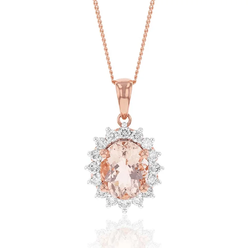 Women’s engraved necklace-9ct Rose Gold 2.30ct Morganite and Diamond Pendant on 45cm 9ct Rose Gold Chain