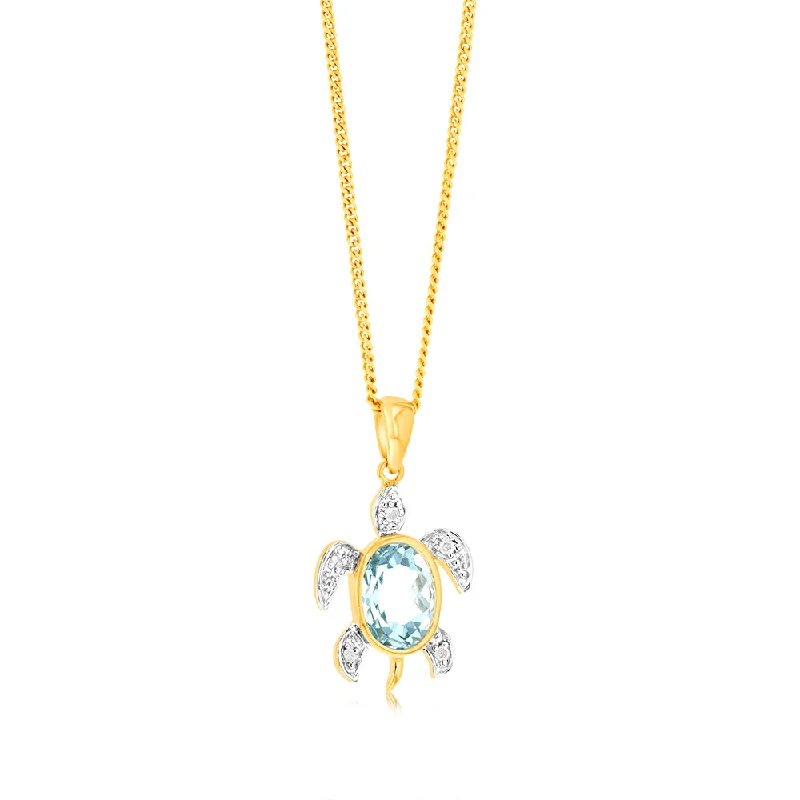 Women’s gold necklace-Sky Blue Topaz Tortoise Pendant in 5 Diamonds