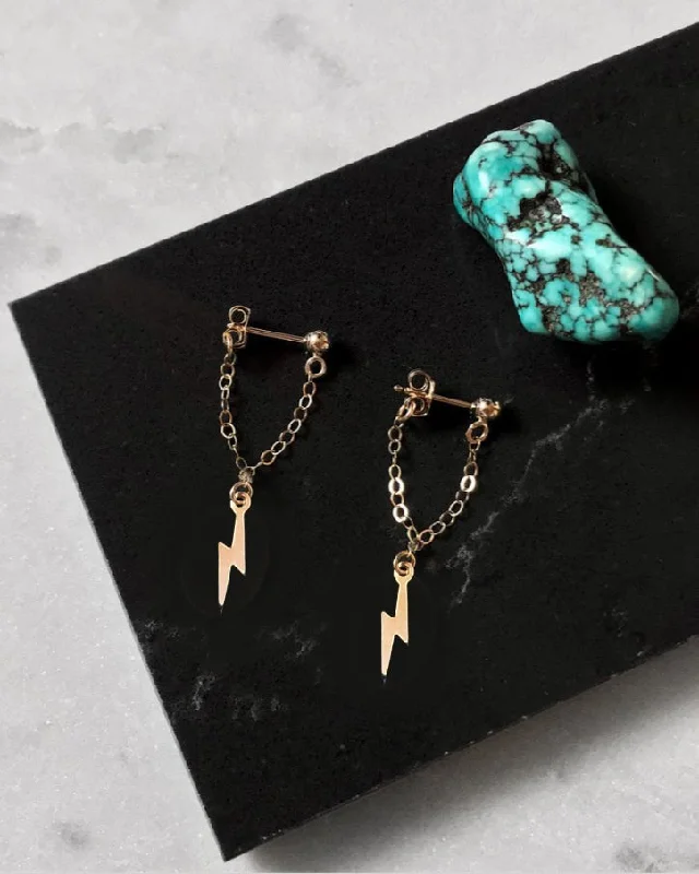 Women’s dangle earrings-Lightning Bolt Short Chain Stud Earrings - 14k Yellow Gold Fill