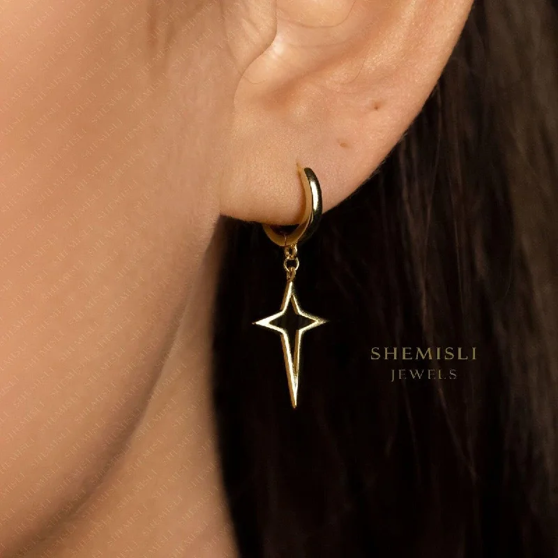 Women’s modern hoop earrings-Open 4 Point Star Hoop Earrings, Star Drop Huggies, Gold, Silver SHEMISLI - SH474