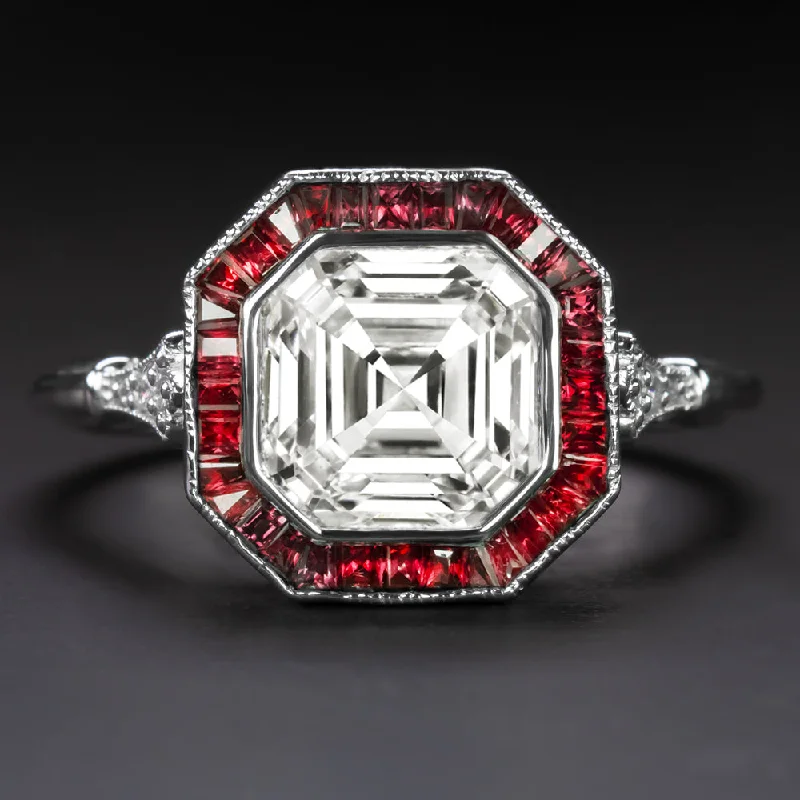 Women’s cushion diamond engagement ring-2.30ct LAB CREATED DIAMOND RUBY RING ASSCHER CUT VINTAGE STYLE 14k WHITE GOLD