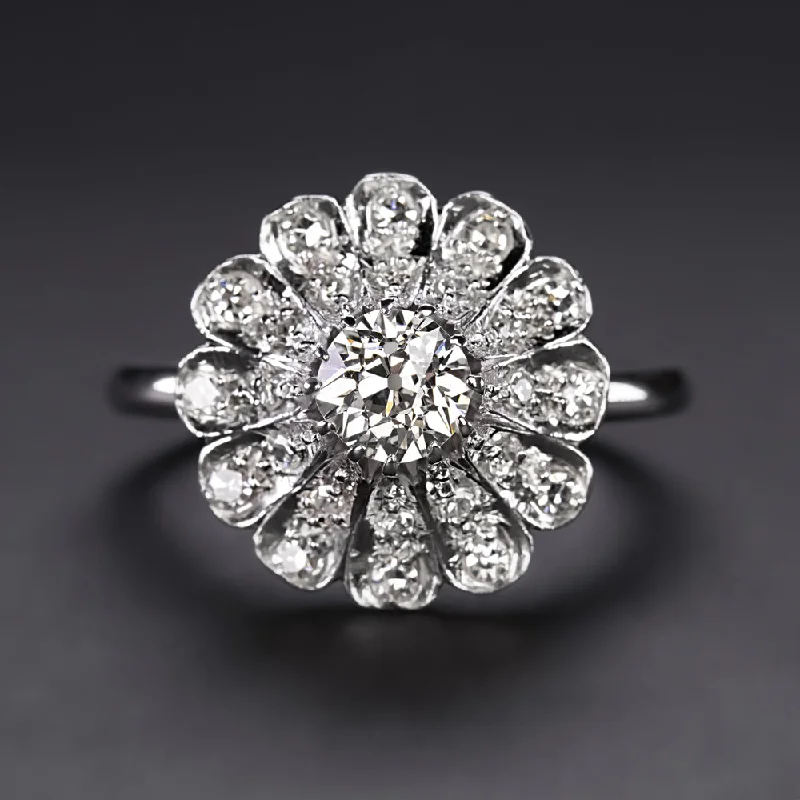 Women’s gold engagement ring-VINTAGE DIAMOND COCKTAIL RING OLD EUROPEAN CUT 0.90ct 14k WHITE GOLD CLUSTER