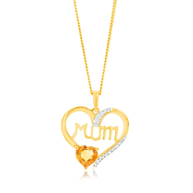 Women’s statement necklace-9ct Yellow Gold 6mm Natural Citrine And Diamond Mum Heart Pendant