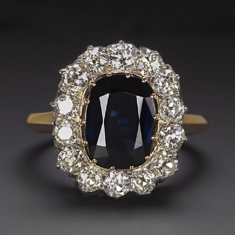 Women’s custom wedding and engagement ring-ANTIQUE 3ct SAPPHIRE DIAMOND COCKTAIL RING YELLOW GOLD HALO VICTORIAN OLD CUT