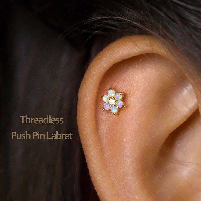 Women’s flower earrings-Tiny 6 Petal Opal Stone Threadless Flat Back Earrings, 20,18,16ga, 5-10mm, Unisex, Surgical Steel, SHEMISLI SS559